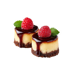 Delicious Mini Cheesecakes Topped with Raspberries and Chocolate Sauce