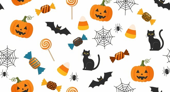 A cheerful Halloween pattern featuring jack-o'-lanterns, black cats, candy, spiders, and bats on a white background.