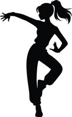 Naklejka premium Silhouette of a stylish female dancer in dynamic pose, modern dance girl vector, performing movement, black art figure, flat vector illustration