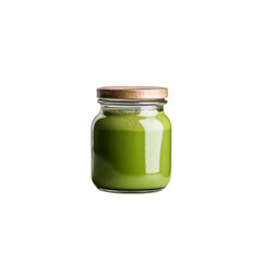 Fresh Matcha Green Tea in Glass Jar with Wooden Lid