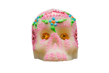 Sugar skull dia de muertos decorated pink icing front view