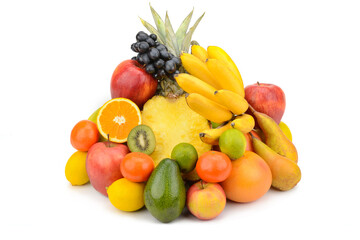 Large Assortment of Fresh Fruits isolated on white background.
