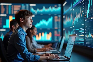 Group of Diverse Business Analysts Engaged in Real-Time Financial Data Analysis, Highlighting Young Analyst