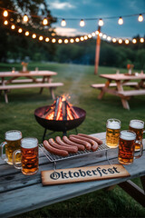 Oktoberfest outdoor celebration with beer, sausages and bonfire