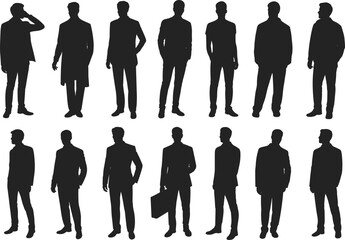 Silhouettes of businessmen in formal suits, corporate teamwork, leadership concept, professional attire, business communication, office environment, standing group illustration.