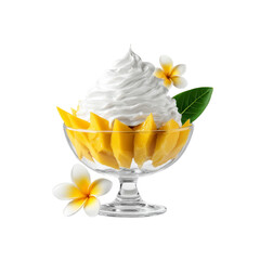 Delicious Mango Dessert with Whipped Cream and Plumeria Flowers