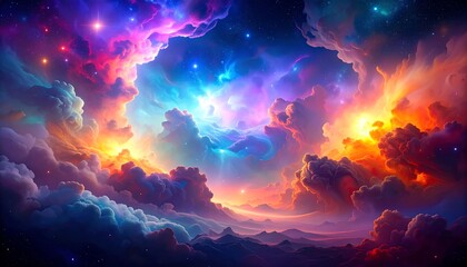 Naklejka premium Cosmic Cloudscape with Fantasy Landscape.