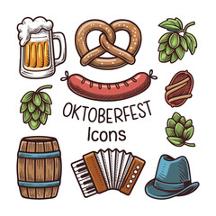 Oktoberfest themed icons featuring beer pretzel sausage and more items