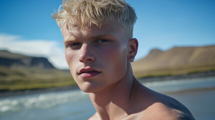 icelandic blond hot sexy tough gay guy, age 18, professional photo shoot, posing in wild icelandic nature, earring, athletic build. Handsome young attractive athletic man. Professional photo shoot out