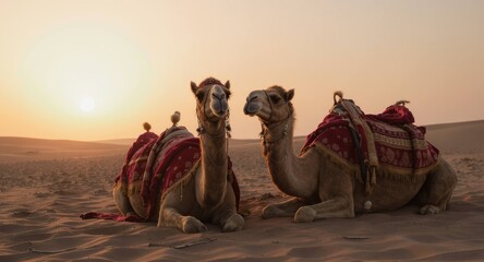 Two resting camels in desert, saddled, with setting sun backdrop