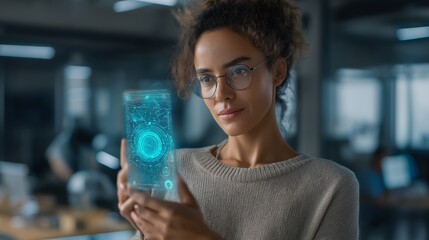 Young woman explores digital screen technology in modern office setting during daytime