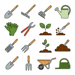 Gardening Tools and Equipment Icons Depicting Planting Raking Watering and Pruning for Garden Design and Home Improvement Projects