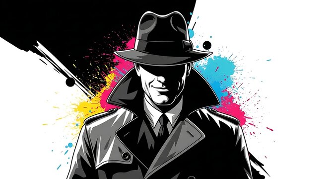 Mysterious detective in fedora and trench coat with vibrant abstract paint splatters creating a dramatic, noir-inspired artistic background