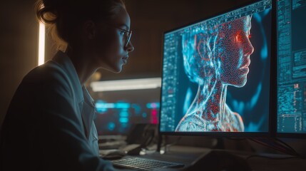Tech researcher analyzes digital avatar in a dark lab setting with multiple monitors
