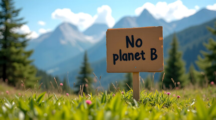 Sign with text no planet b on mountain slope with fir trees and peaks