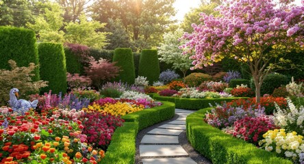Fototapeta premium Vivid garden path curves through colorful flowers, hedges, and lush greenery