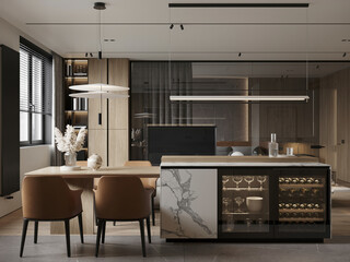Contemporary kitchen and dining space with built-in glass cabinets, wine storage, and modern wood-marble aesthetics.