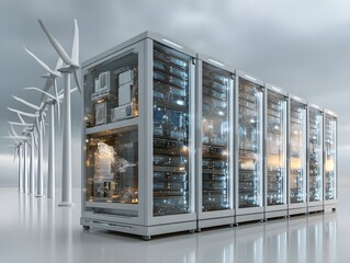 Modern data center powered by renewable energy with wind turbines, showcasing sustainable technology solutions for the future