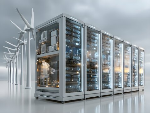Modern data center powered by renewable energy with wind turbines, showcasing sustainable technology solutions for the future