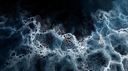 Photorealistic macro of seawater foam swirling into fractal textures with marine blue tones, natural bubbles, and ocean surface detail.