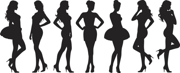 Silhouettes of beautiful women posing in elegant dresses and high heels, fashion models, stylish female figures, glamour, beauty, flat vector 