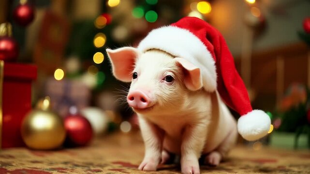 Adorable piglet in a Christmas cap. Christmas background with Christmas tree balls and decorations. Fairytale atmosphere of New Year and Christmas, Christmas Eve