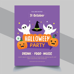 Cute and Fun Halloween Party Invitation with Ghosts Pumpkins and Witch Hat Illustration