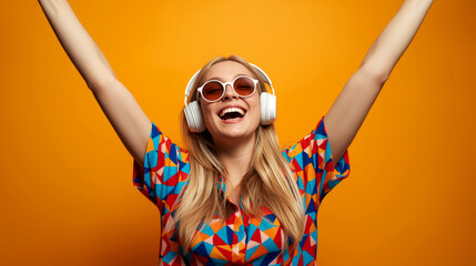 Style blonde in 90s clothes with headphones. young blonde woman dancing. She is wearing large white headphones, round sunglasses, and a vibrant, multi-colored geometric pattern shirt.