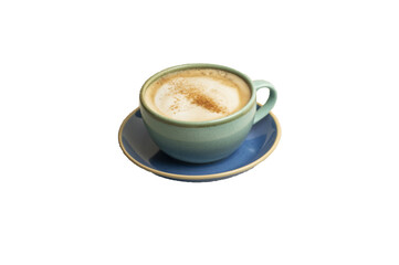 Cappuccino coffee in a mint green cup on a blue plate — isolated beverage PNG, perfect for coffee-themed designs with transparent background.