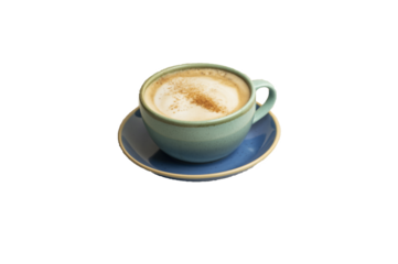 Cappuccino coffee in a mint green cup on a blue plate — isolated beverage PNG, perfect for coffee-themed designs with transparent background.