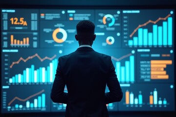 African Businessman Analyzing Analytics Data on Giant Digital Screen with Holographic Graphs