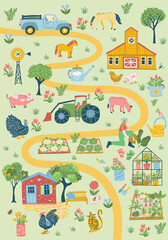 Fototapeta premium Life at the Farm Custom Map Creator – Vector Clipart Set with Houses, Animals, Nature, Tractors, Backgrounds