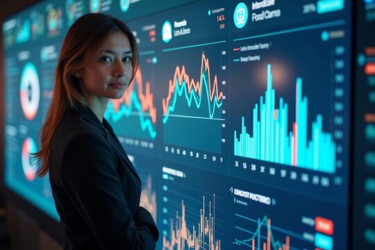 A female analyst standing in front of a visually stunning interactive data dashboard showcasing financial and business analytics.