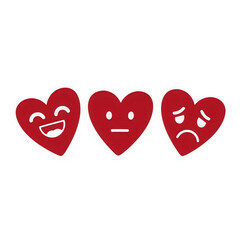 Three cartoon hearts displaying different emotions happiness sadness and neutrality on black transparent background