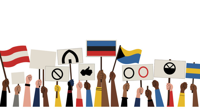 Diverse hands holding protest signs with flags and symbols