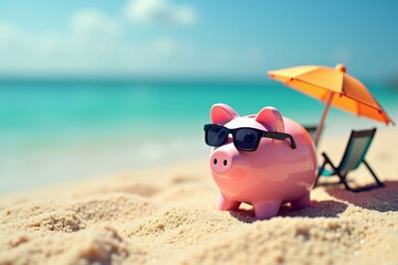 Obraz premium A Relaxing Pink Piggy Bank on the Beach, Basking in the Sun with Shades, Miniature Chairs, and Umbrella