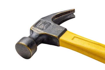 Close-up of a claw hammer head and handle.  Dark metal head, antique finish, with a yellow plastic handle.  Focus on the head and upper handle section