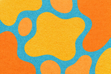 Abstract yellow, turquoise and orange background with amorphous shapes and spots, paper texture in...