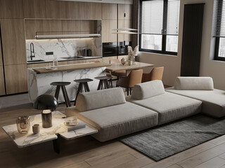 Contemporary open-plan kitchen and living area with marble accents and wood cabinetry.
