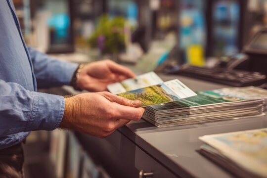 Man browsing glossy travel brochures at a counter, choosing destinations from a stack of colorful catalogs in a travel agency or tourism information center