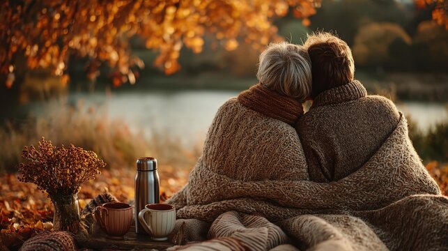 Couple wrapped in a cozy knitted blanket at a lakeside autumn picnic, warm mugs and thermos nearby, tender companionship under golden fall foliage