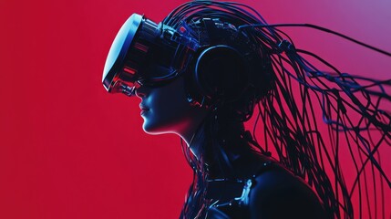 Futuristic VR experience;  Woman in VR headset;  Red gradient background;  Cyberpunk style