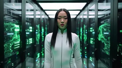 Woman walking in futuristic server room green technology data center data network digital future - Powered by Adobe