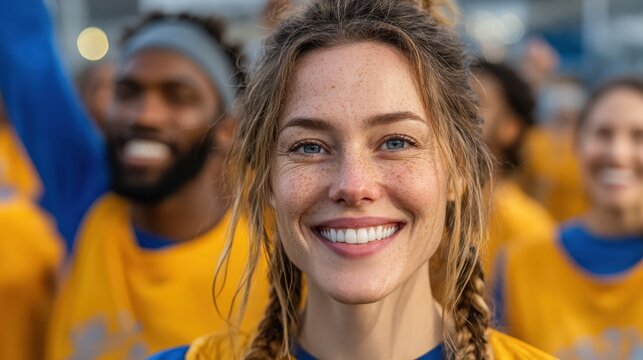 Joyful female athlete with freckles smiling after a win, teammates in yellow jerseys cheering behind her, confidence, inclusivity, and team spirit at a sports event