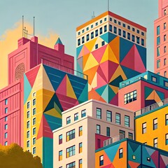 Obraz premium Vector illustration of a colorful urban cityscape with various buildings, houses, and skyscrapers