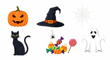 A collection of classic Halloween symbols including a carved pumpkin, witch's hat, black cat, spider web, candy, and a friendly ghost.