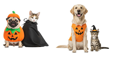 Cute dogs and cats in Halloween costumes with pumpkin outfits, witch hat, and cloak, festive pets isolated on transparent background for spooky holiday design and seasonal decoration