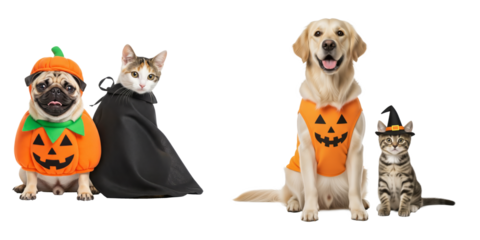 Cute dogs and cats in Halloween costumes with pumpkin outfits, witch hat, and cloak, festive pets isolated on transparent background for spooky holiday design and seasonal decoration