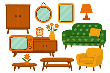 Fototapeta premium Cartoon vector illustration set of home interior furniture design including child's room, cafe, and old house decorations