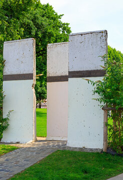 Koblenz, Deutsches Eck (German Corner) 3 original concrete parts of the Berlin Wall.  On 9th of November 1989 the Berlin Wall finally came down and Eastern Germany opened its borders to the West